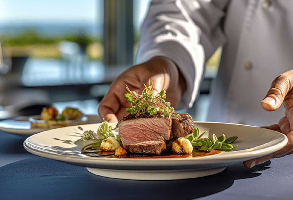 Steak meal being presented by chef