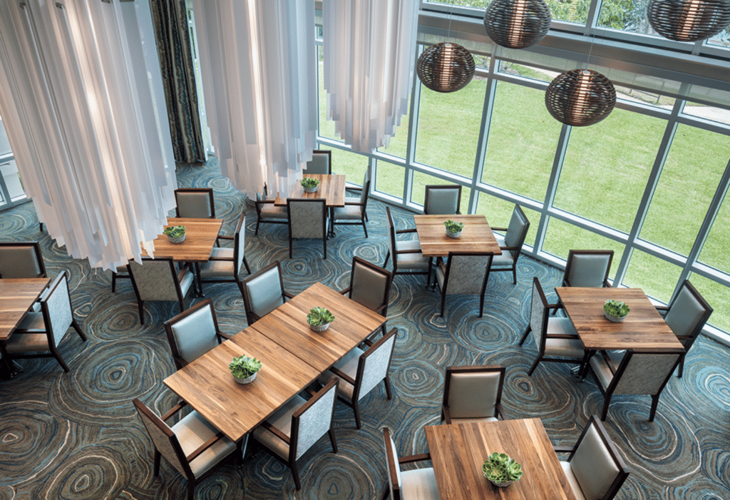Overhead view of the dining room at Plymouth Harbor on Sarasota Bay