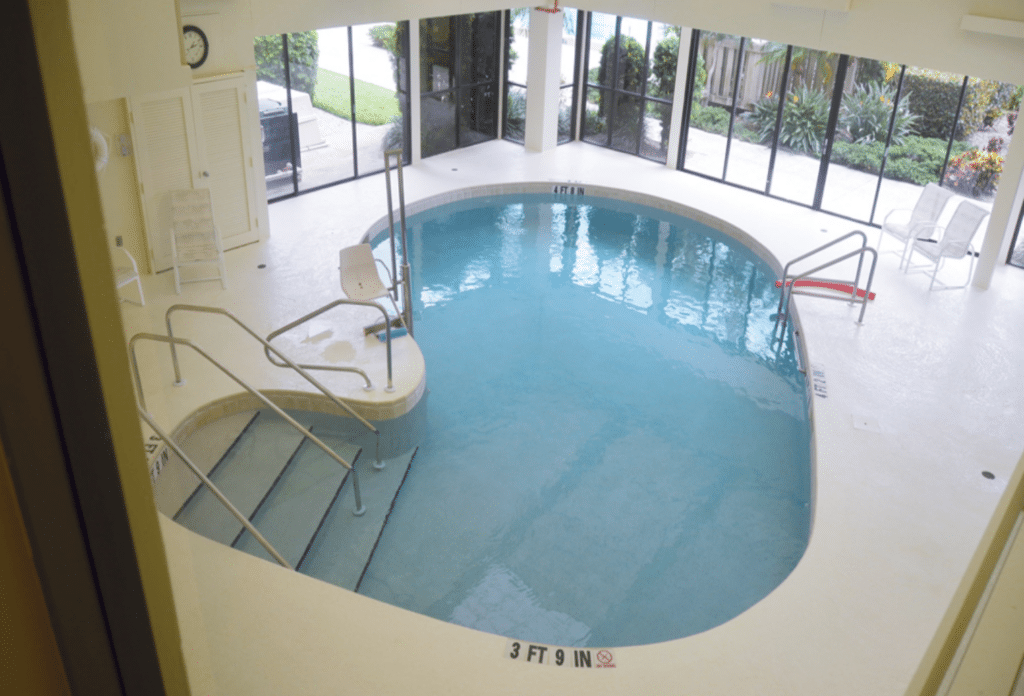 Overhead view of indoor pool in Plymouth Harbor on Sarasota Bay