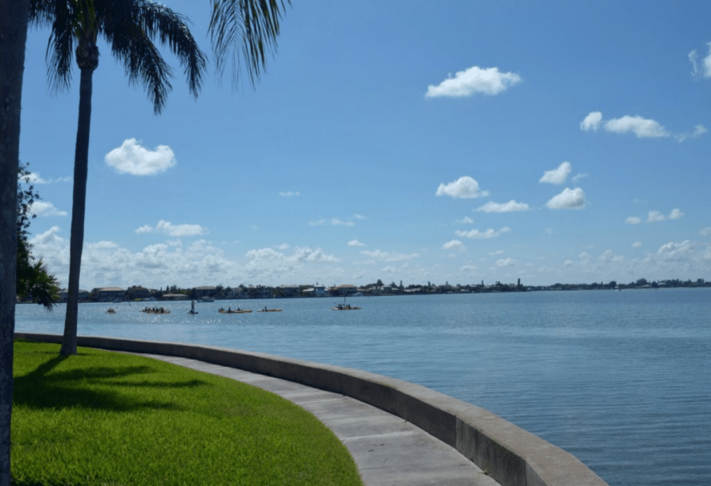View of Sarasota Bay from the lawn of Plymouth Harbor on Sarasota Bay