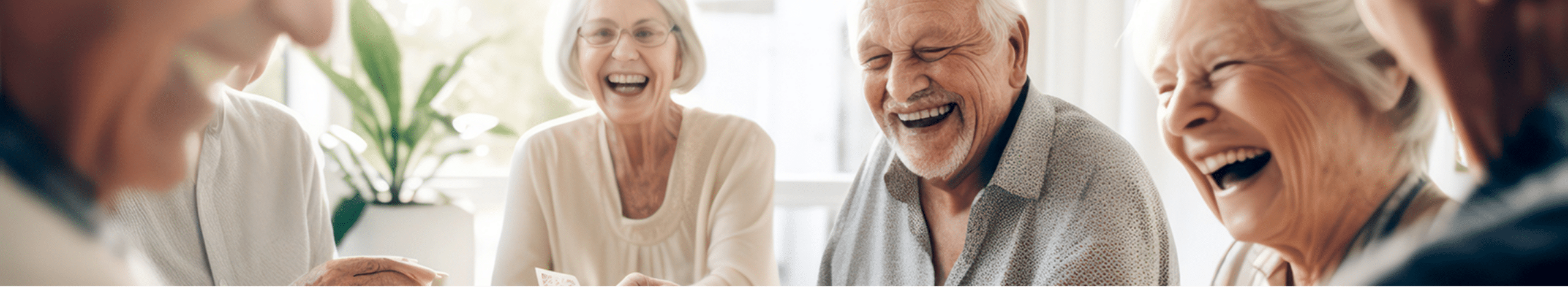 Senior men and women sitting at table laughing