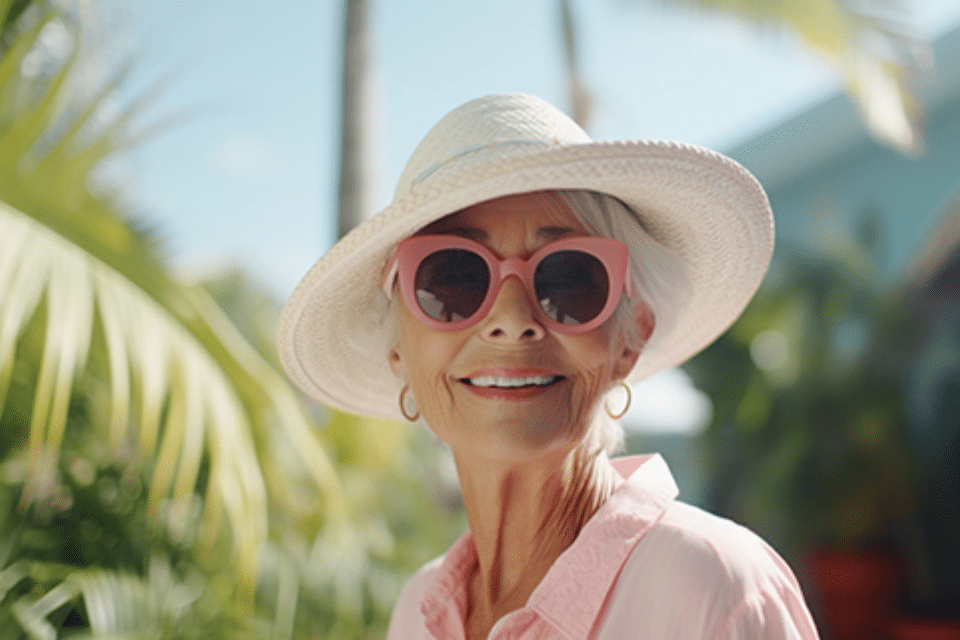 Plymouth Harbor on Sarasota Bay: Senior Woman with Sunglasses and Sun Hat Smiling