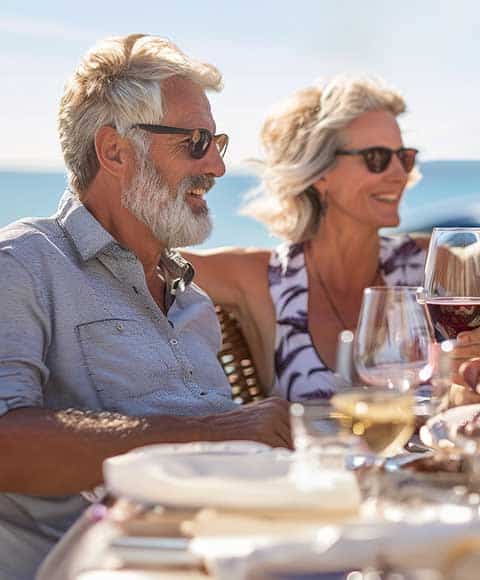 Senior couple happily sharing a meal together on the beach.