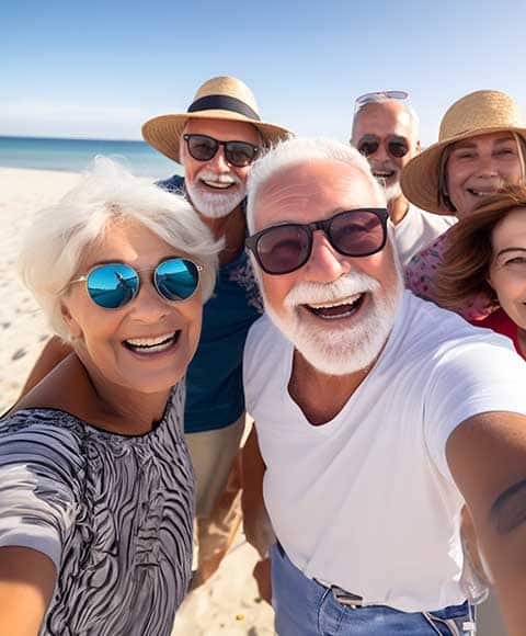 A group of senior friends smiling and taking a selfie together on a sunny beach.