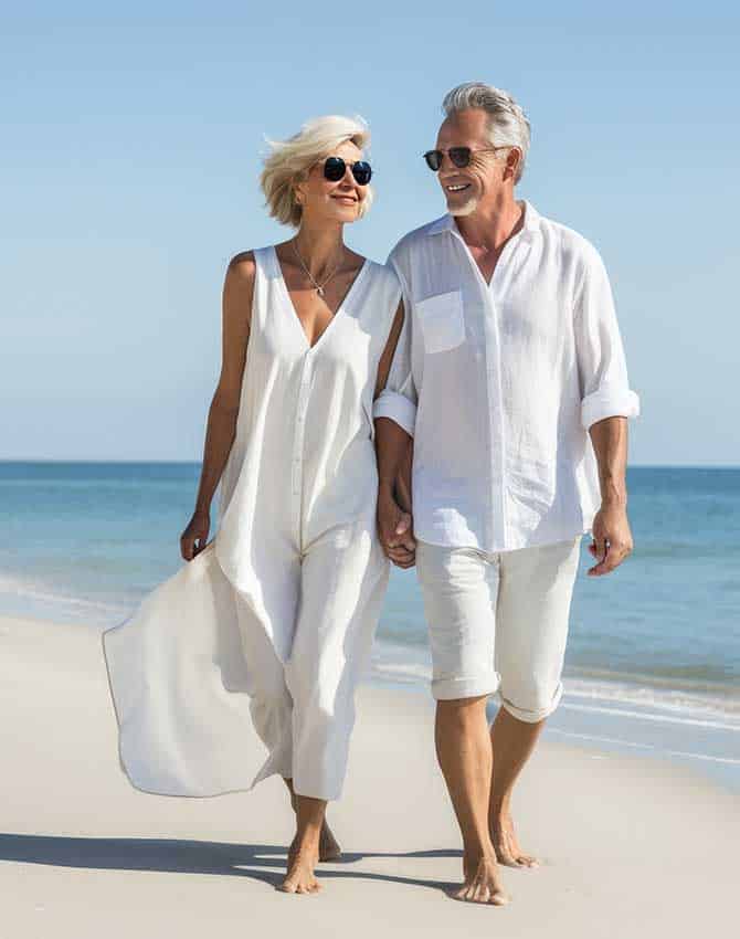 An older couple strolls hand-in-hand along a sandy beach.