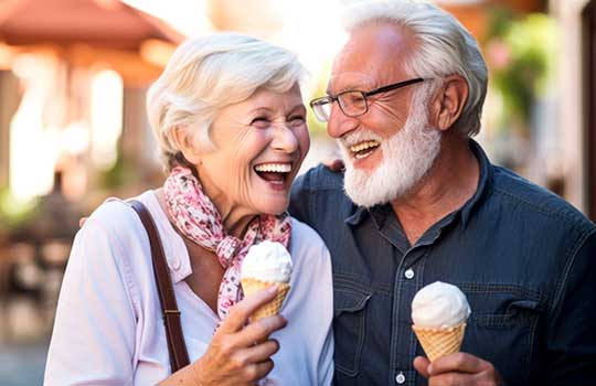 A senior couple walking together on a street holding ice cream cones