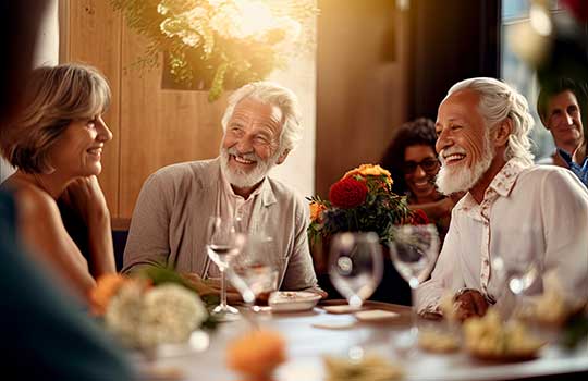 A group of older men and a woman seated at a table in a restaurant smiling