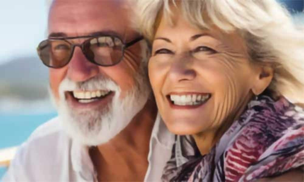 An older couple joyfully smiling and laughing together.