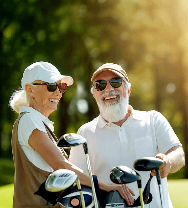 A senior couple golfing