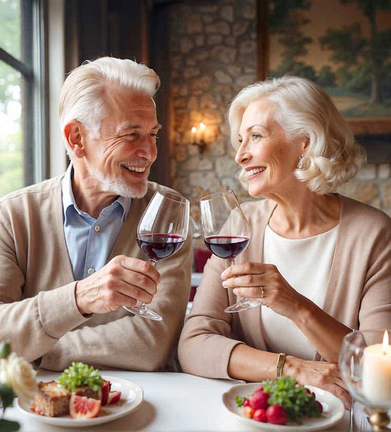 An older couple seated next to each other at a dining table holding glasses of wine