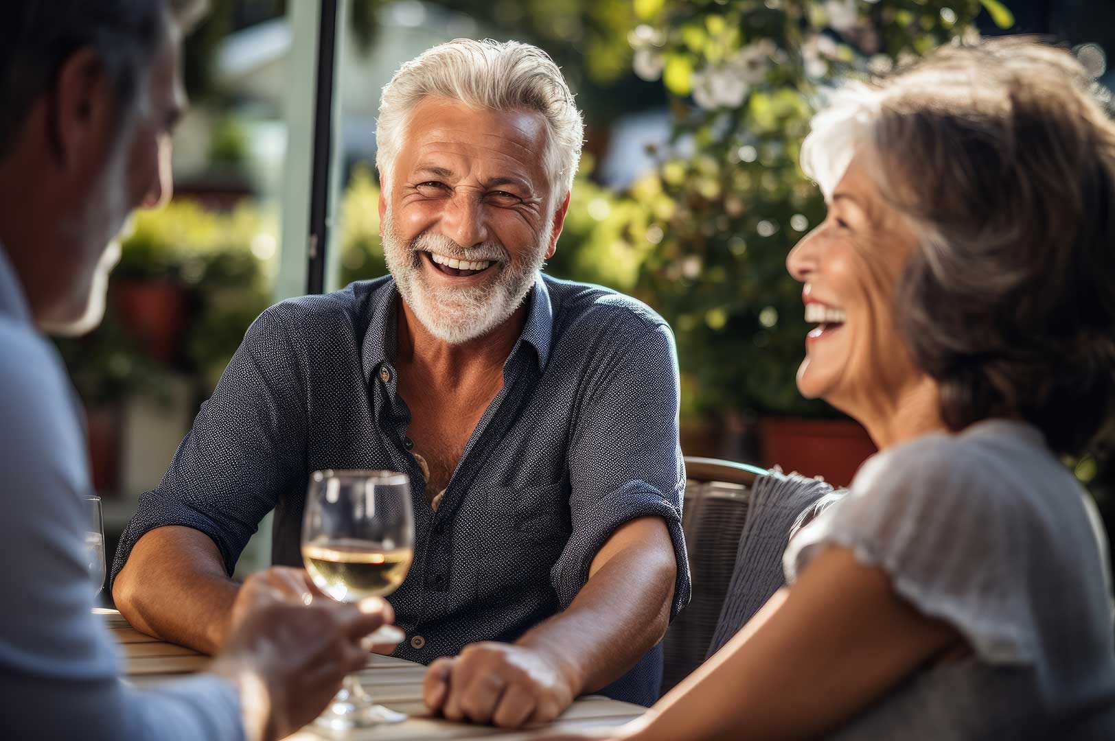 An older man and woman laughing together while enjoying glasses of wine.
