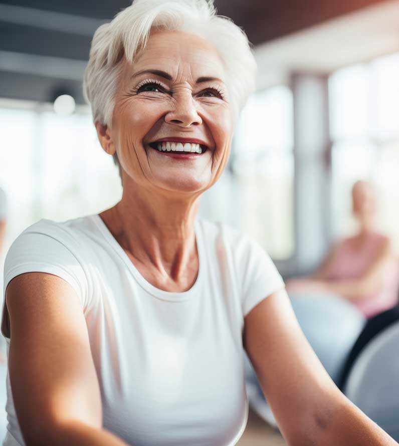 An older woman smiles happily while exercising in a gym.