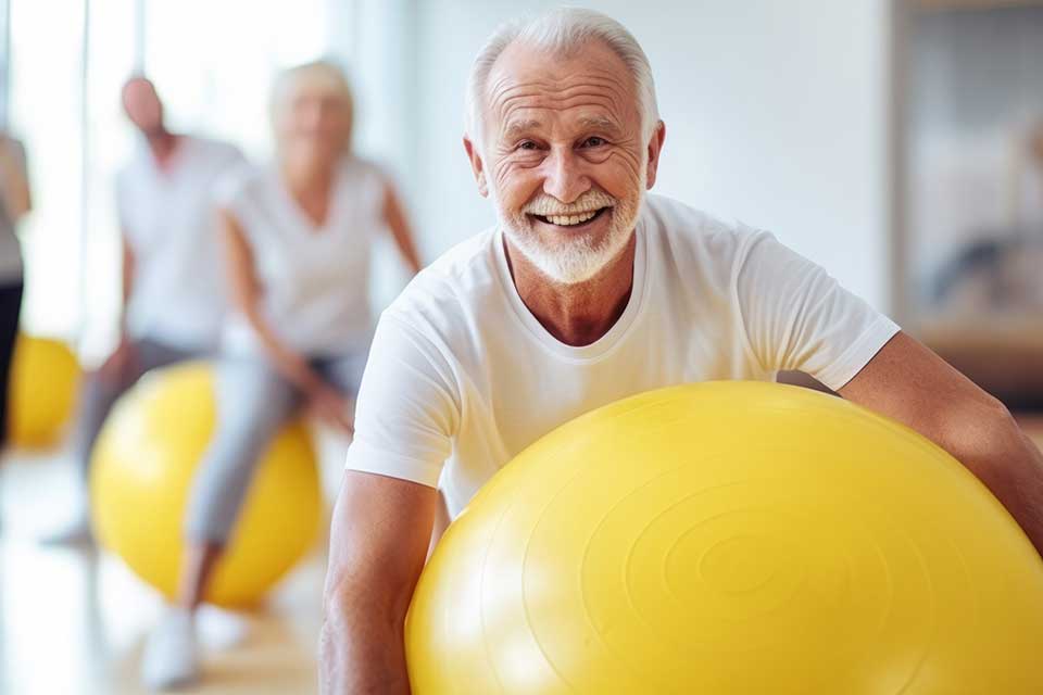 An older man smiles while holding a colorful exercise ball.