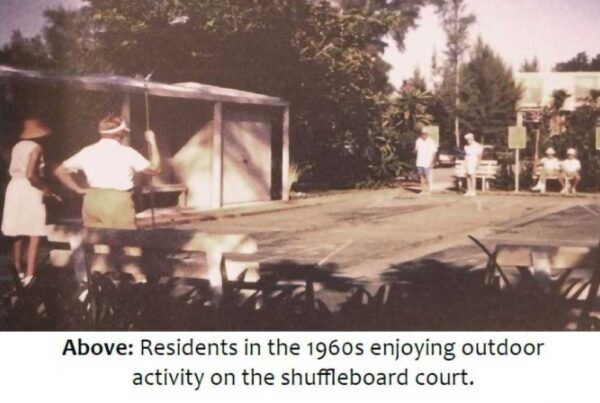 Residents of Plymouth Harbor enjoying outdoor activity on the shuffleboard court in the 1960s