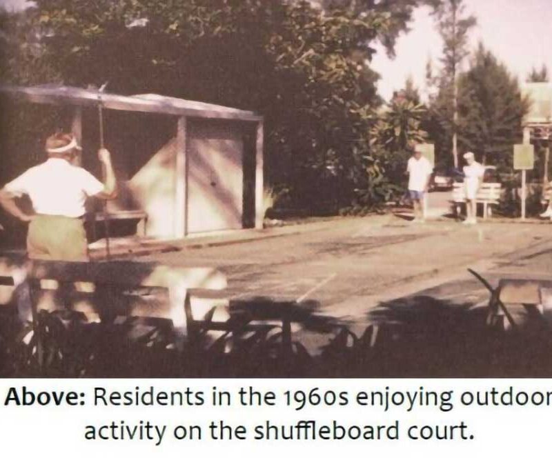 Residents of Plymouth Harbor enjoying outdoor activity on the shuffleboard court in the 1960s