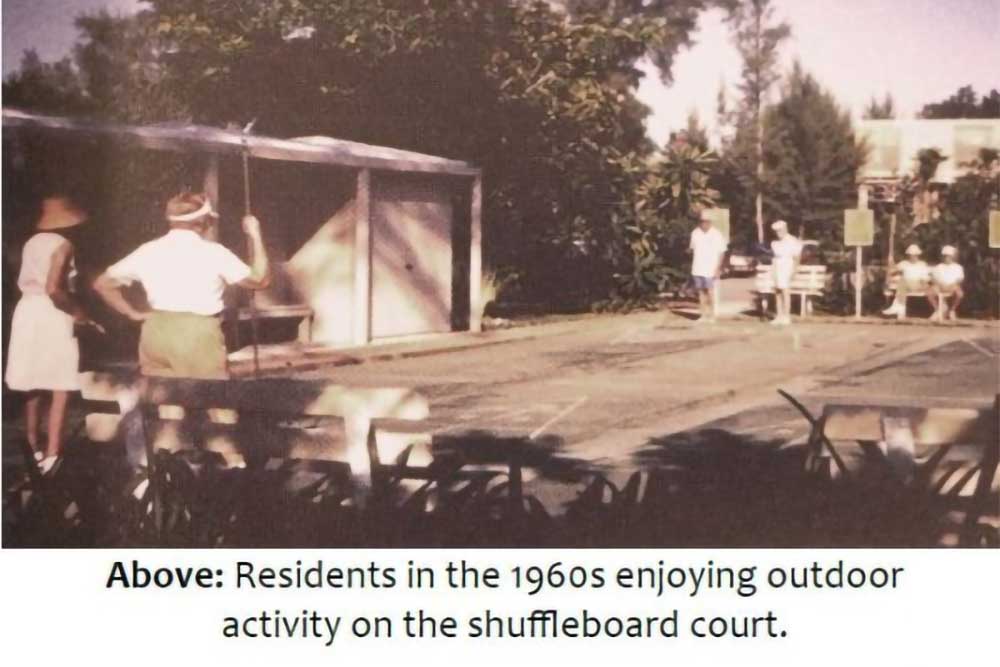 Residents of Plymouth Harbor enjoying outdoor activity on the shuffleboard court in the 1960s