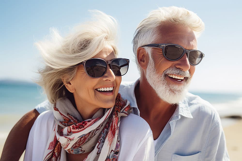An older couple wearing sunglasses enjoys a sunny day at the beach