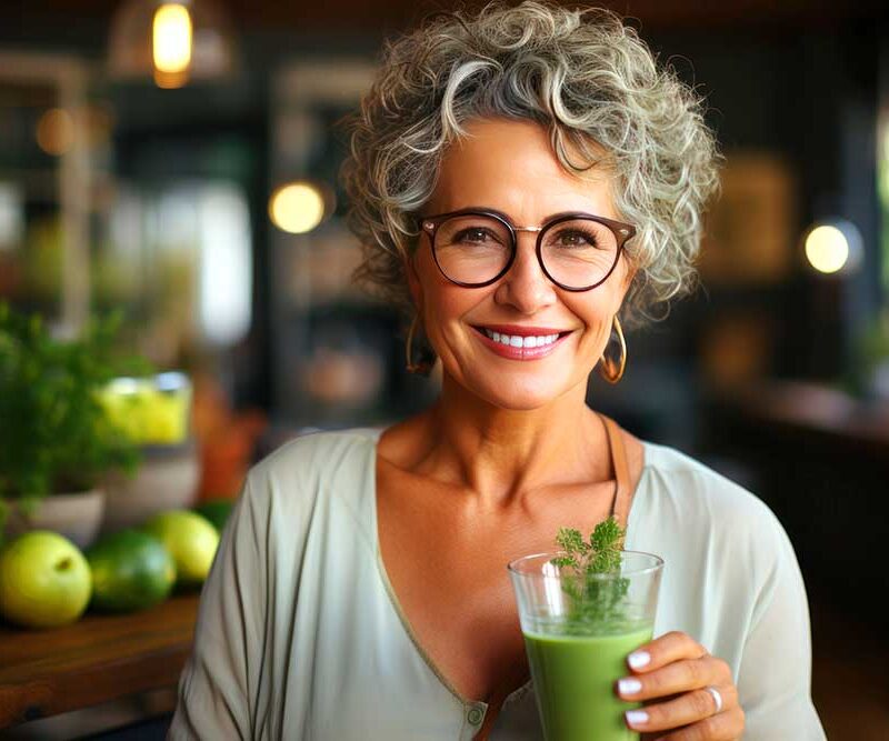 A woman wearing glasses holds a green smoothie, representing healthy eating choices for seniors