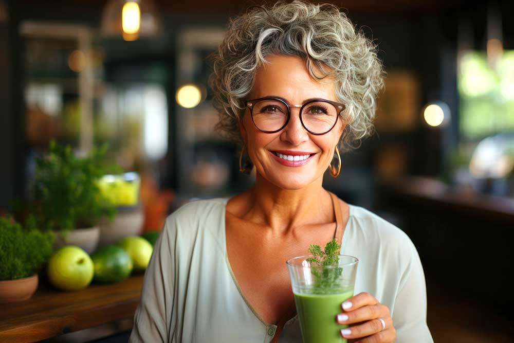 A woman wearing glasses holds a green smoothie, representing healthy eating choices for seniors