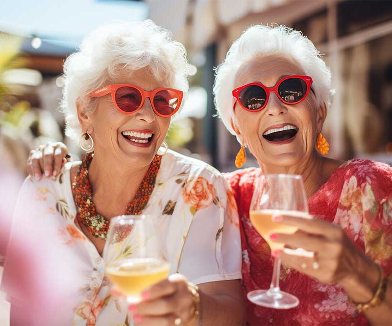 Two older women wearing sunglasses, each holding a wine glass, enjoying a sunny day together.