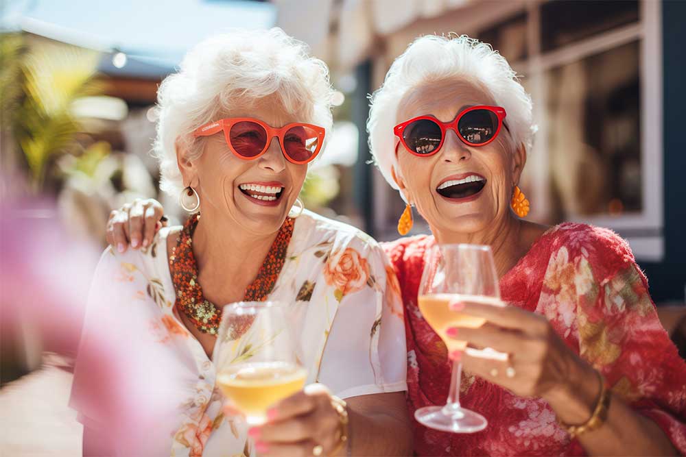 Two older women wearing sunglasses, each holding a wine glass, enjoying a sunny day together.