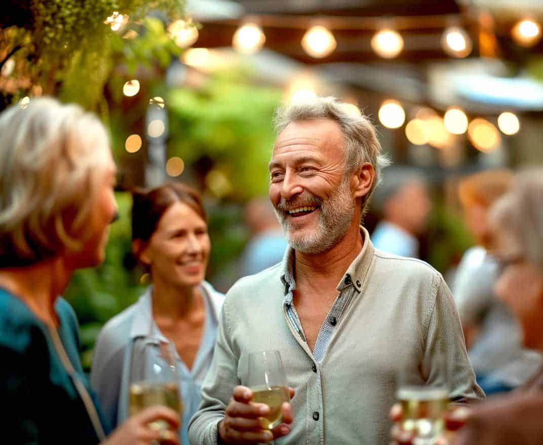 A cheerful gathering of people sipping drinks outside