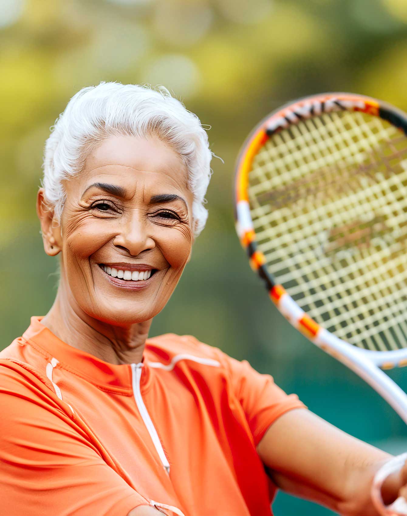 An older woman smiles brightly while holding a tennis racket