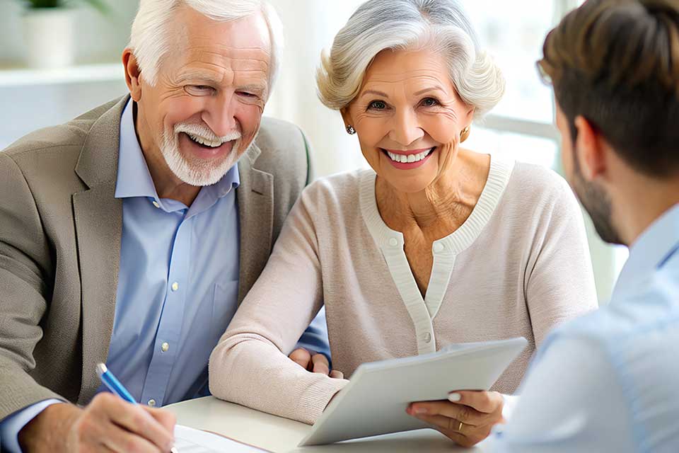 A senior man signing papers while a senior woman smiles holding a tablet, seated at a table