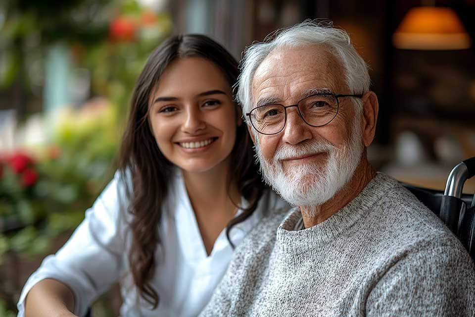 A nurse sits beside a senior man in a wheelchair