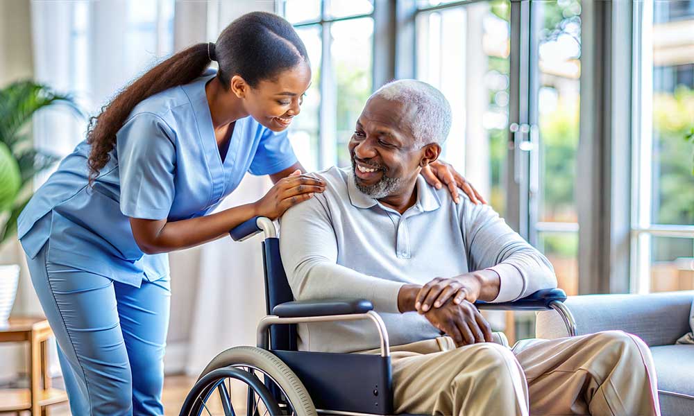 A woman in a blue uniform supports an elderly man, providing assistance and care