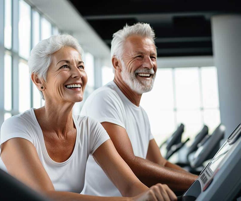 An older couple exercises together on treadmills in a bright gym, smiling and enjoying their workout.