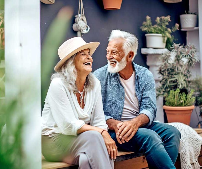 A senior couple sitting on a bench outside laughing