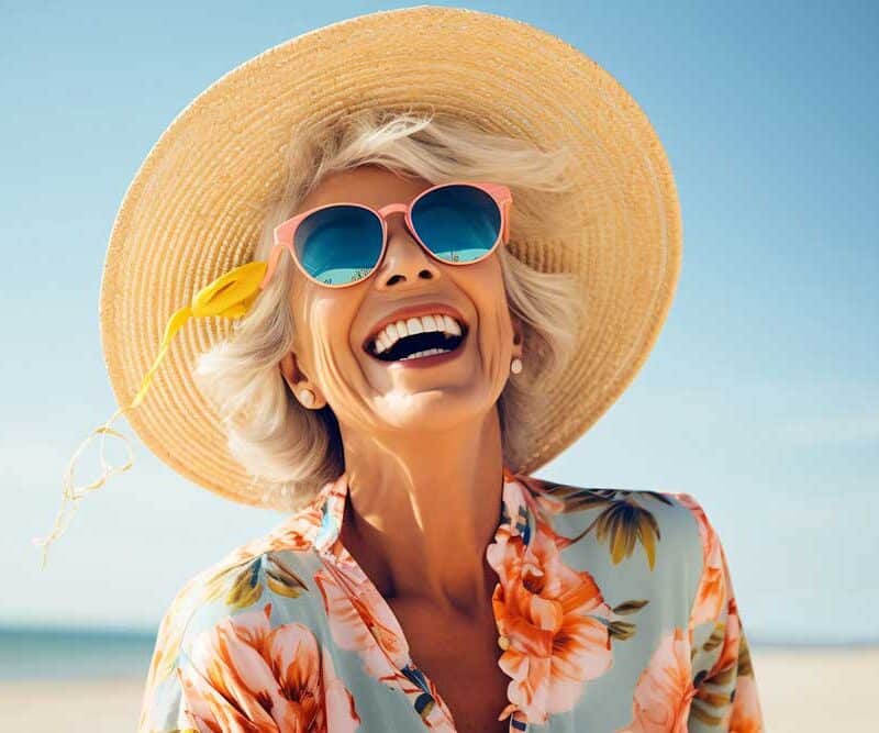 A woman wearing a hat and sunglasses laughs joyfully on the beach, with the ocean waves gently rolling in behind her.