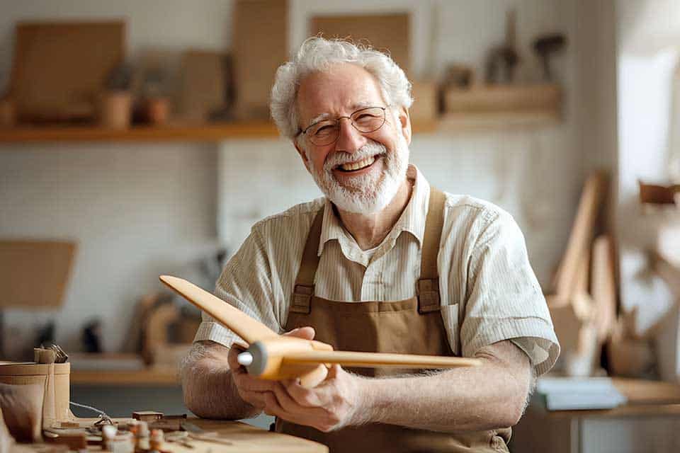Senior man holding a wooden airplane and smiling