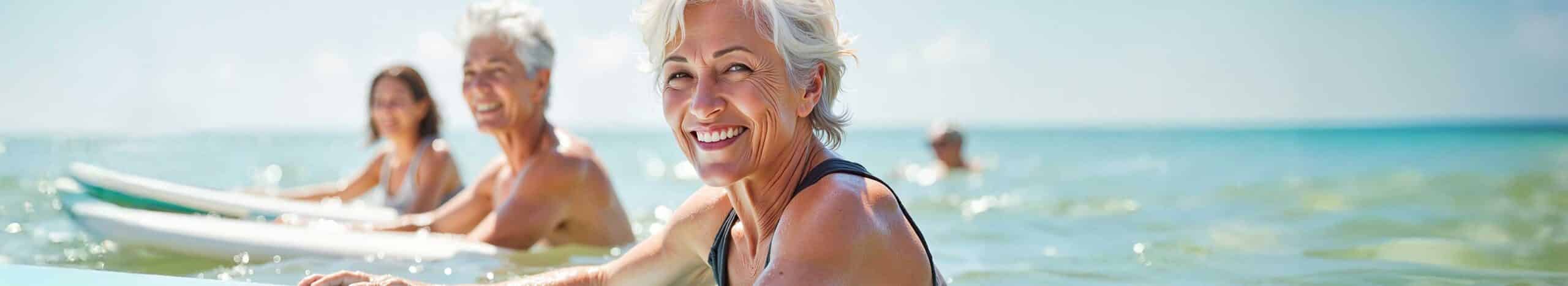 Three women riding surfboards together in the ocean, enjoying a sunny day and the waves.