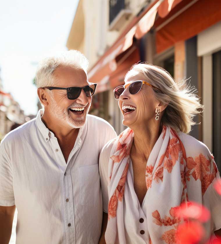 A happy older couple sharing a laugh and smiles as they stroll down a lively street.