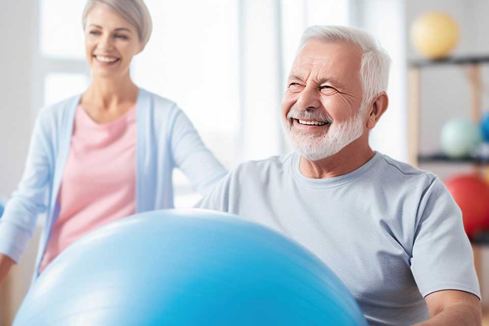 An older man smiles while holding an exercise ball, showcasing his engagement in skilled nursing and physical activity.