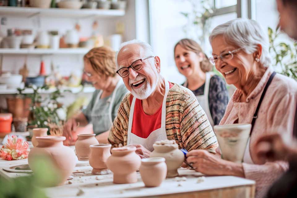 Seniors engaged in a pottery class, shaping clay and sharing smiles in a warm, creative environment.