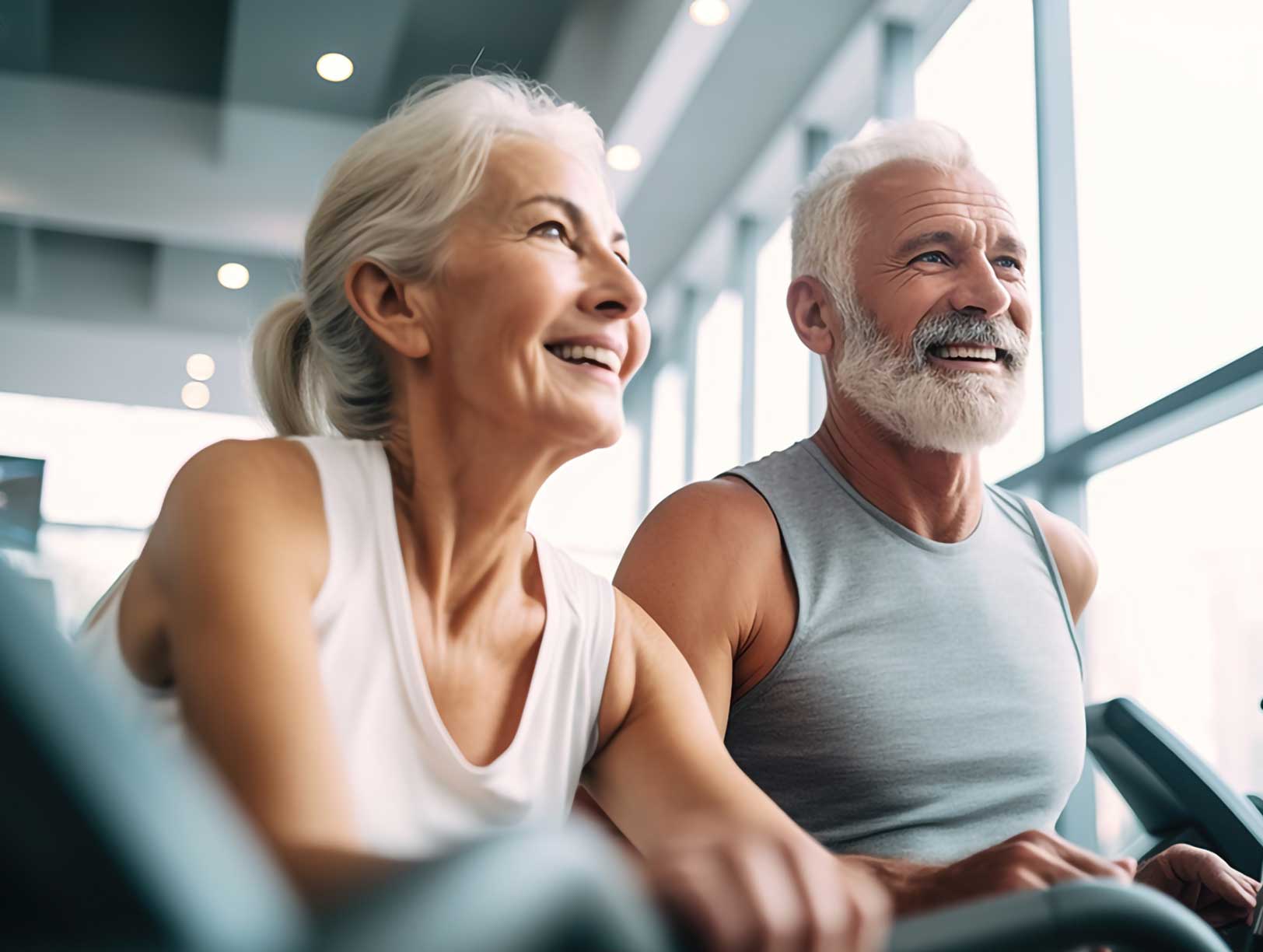 An older couple smiles happily while exercising together on a treadmill in a bright gym setting.