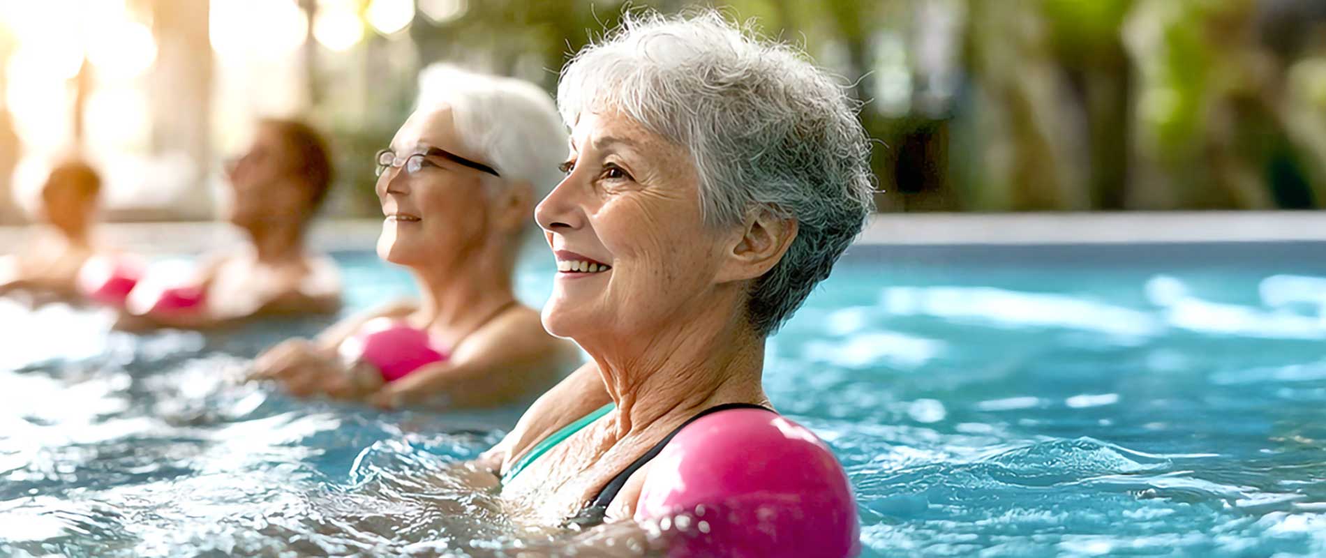 A group of senior women enjoying an exercise class in a pool, actively participating in water-based fitness activities.