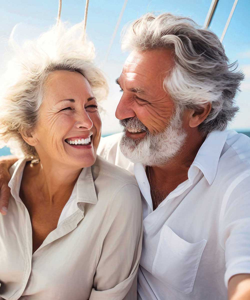 An older couple smiles happily together on a boat, enjoying a sunny day on the water.