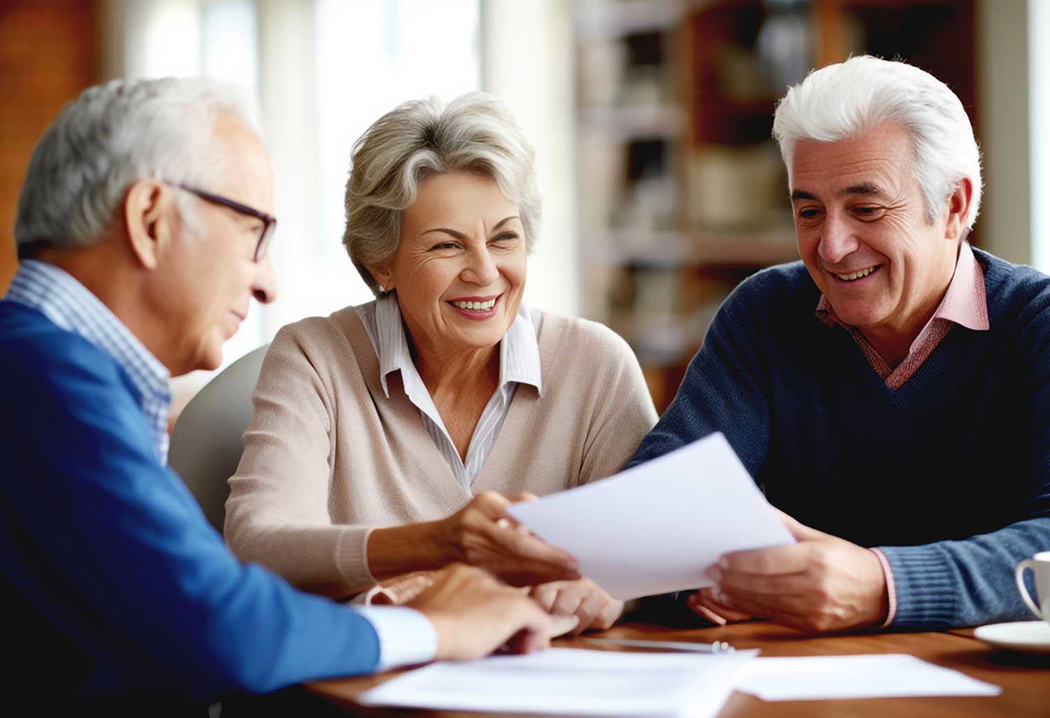 Three older adults seated at a table, reviewing papers and discussing together