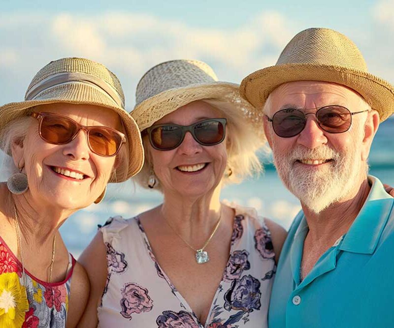 Two senior women and a senior man standing and smiling on a beach