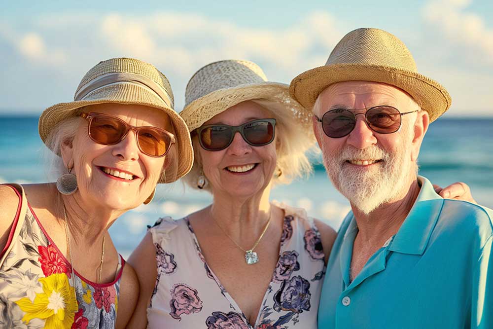 Two senior women and a senior man standing and smiling on a beach