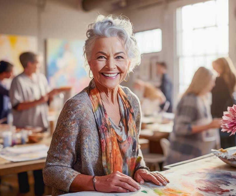 An older woman smiles while seated at a table surrounded by her paintings in a bright art studio.