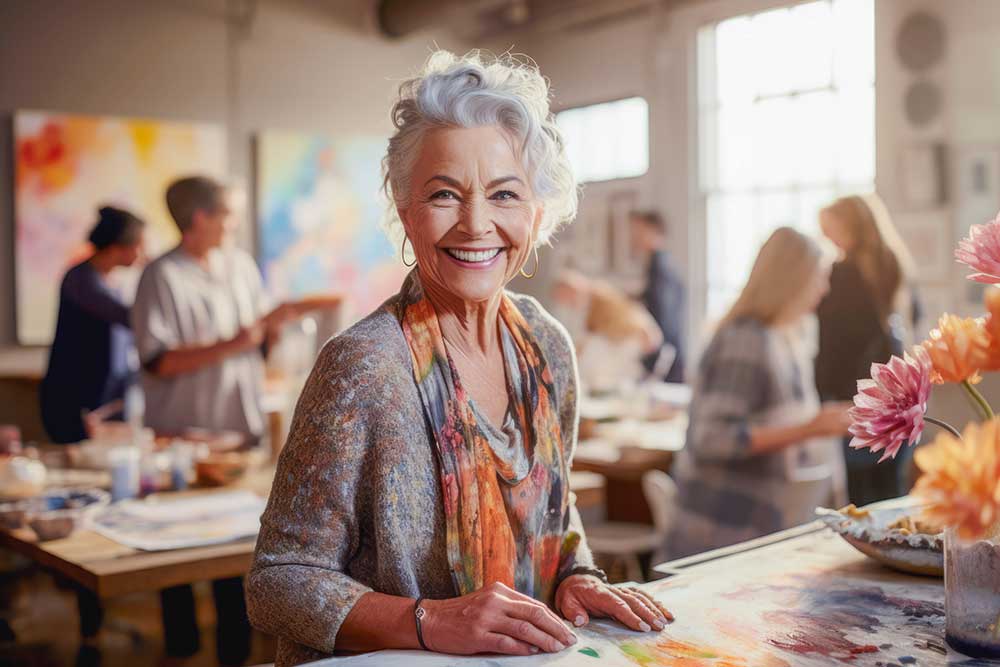 An older woman smiles while seated at a table surrounded by her paintings in a bright art studio.