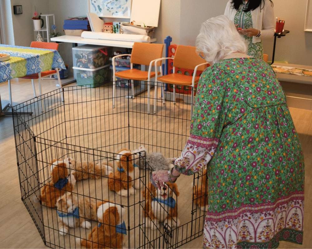 Resident looks down on a group of robotic dogs in a kennel