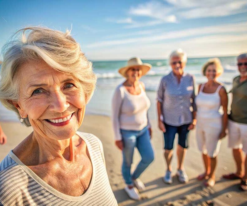 An older woman stands smiling on the beach with a group of senior friends in the background