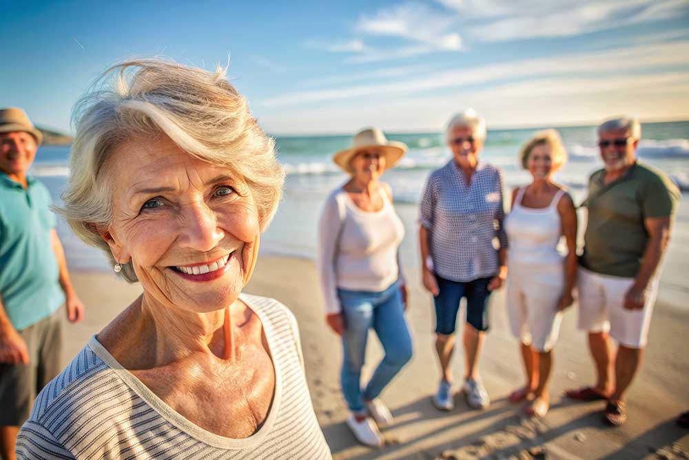 An older woman stands smiling on the beach with a group of senior friends in the background